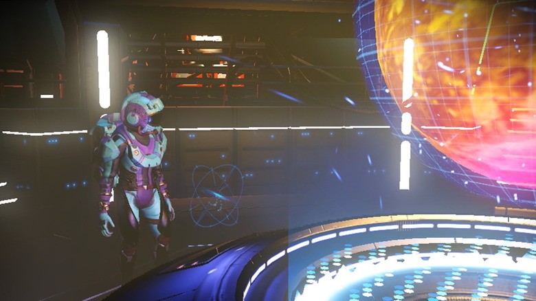 Standing at a freighter control console in No Man's Sky (Switch)