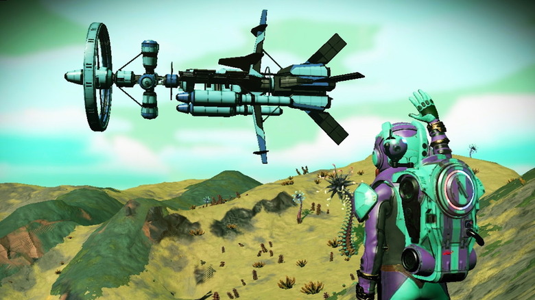 Waving to a low-flying frigate in No Man's Sky (Switch)