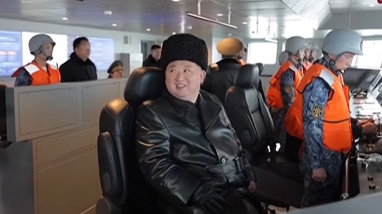 Kim Jong Un on the bridge of the Choe Hyon destroyer