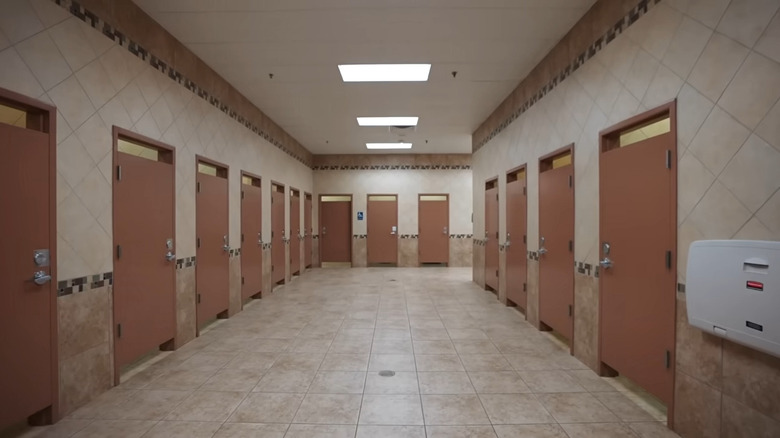 Inside buc-ee's restrooms, showing the various bathroom stalls