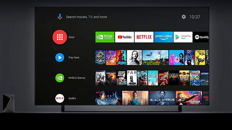 The Nvidia Shield TV Pro hooked to a TV, showing the main screen.