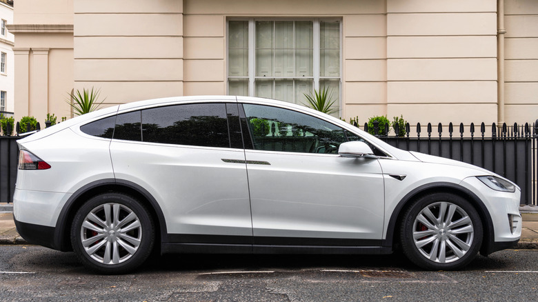 Side view of a white Tesla Model X