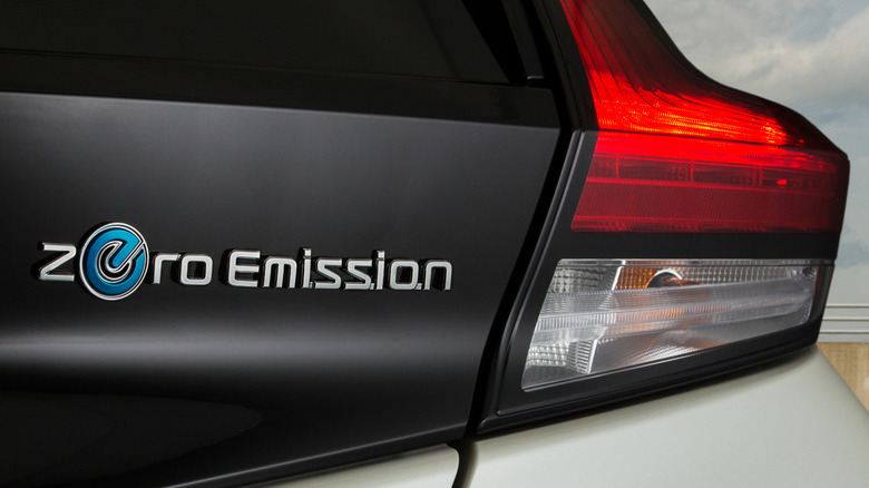 Close shot of rear of 2021 Nissan Leaf showing taillight and Zero Emission badge