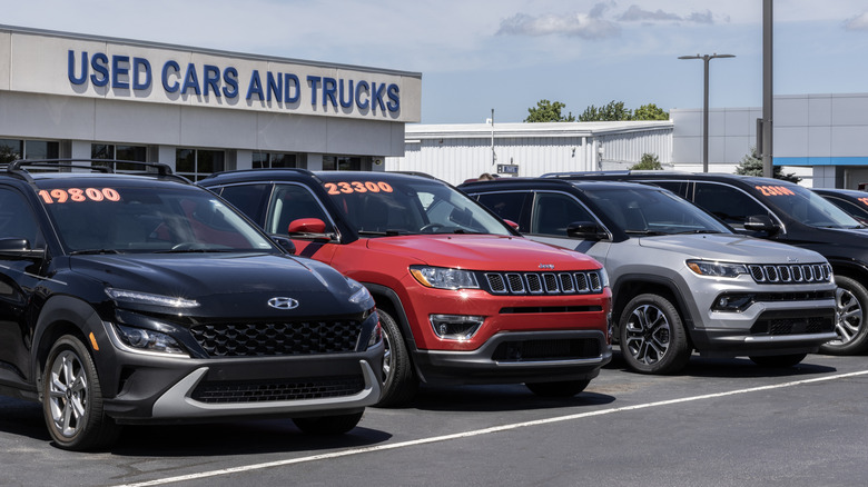 Used cars and SUVs on display at a dealership