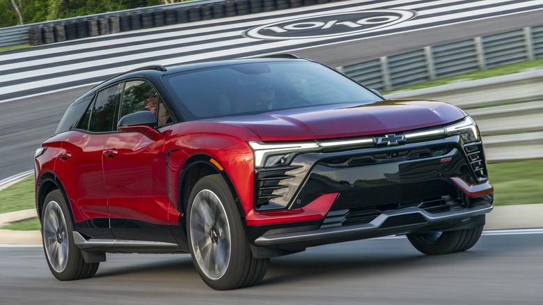 Front 3/4 view of Chevrolet Blazer SS EV driving on a track