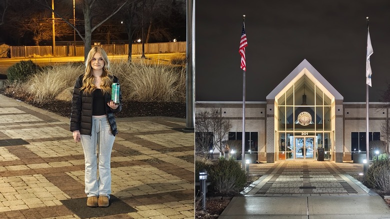 Photos of a woman and a building