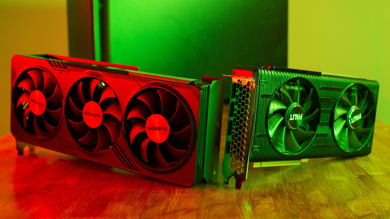 An image showcasing the comparison between an Nvidia GPU and an AMD GPU