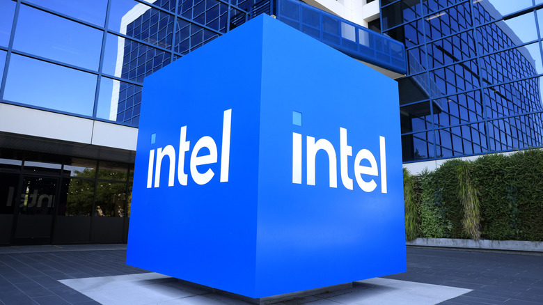 The Intel logo on a sign outside the company's headquarters