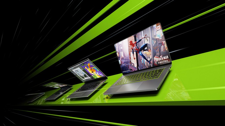 A picture of four NVIDIA laptops