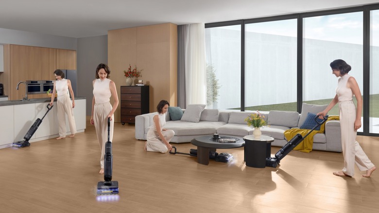 Tineco FLOOR ONE S7 Stretch Stream in various uses around a living room/kitchen area