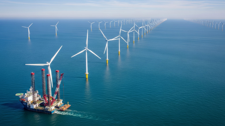 An offshore wind turbine farm with a specialized ship on site for installation or maintenance