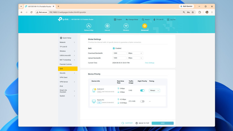 configuring QoS (Quality of Service) settings on a TP-Link router on a Windows 11 PC
