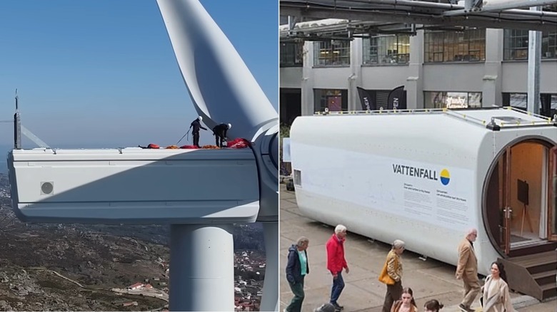 Split image of a wind turbine nacelle in service and the Nestle Tiny House