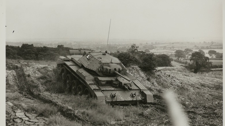 A Crusader tank traversing a hill
