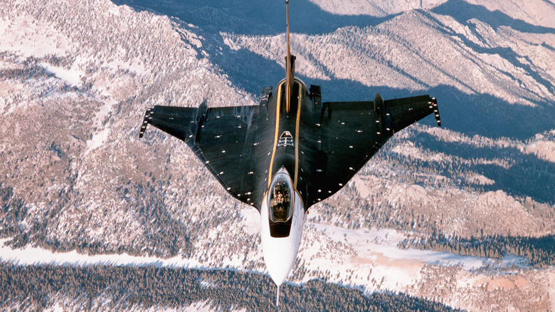 An F-16XL fighter plane used by NASA in flight