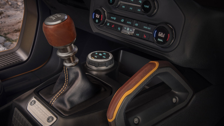 Close up view of manual transmission shifter on 2021 Ford Bronco.
