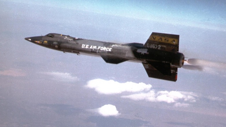 An X-15A-3 rocket plane flies over Edwards Air Force Base