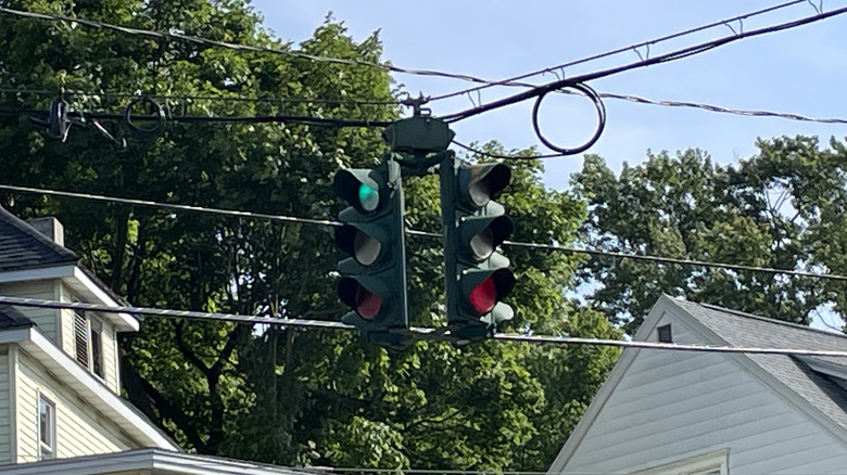 Upside down traffic light hangs in Syracuse, New York.
