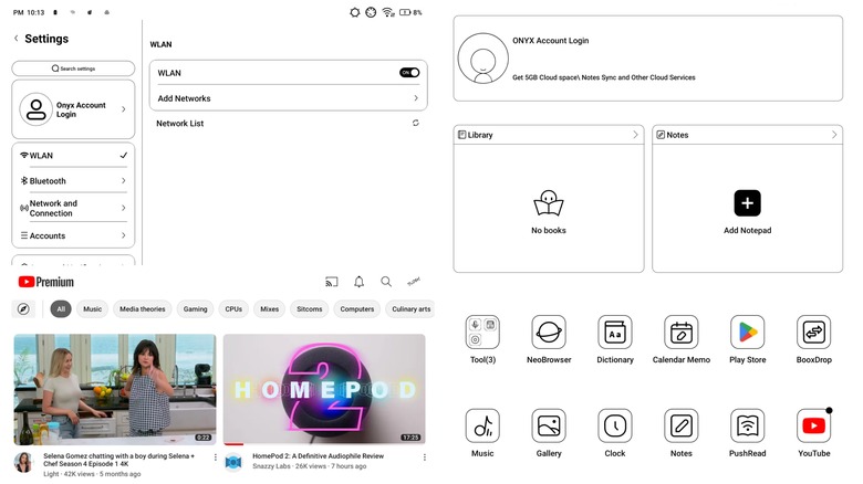 A collage of Onyx Boox Tab X software screenshots