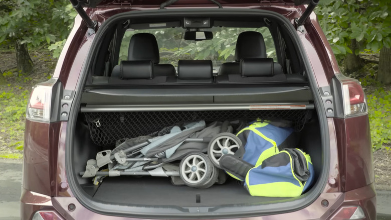 Rear view of 2017 Toyota Rav4 with the trunk open