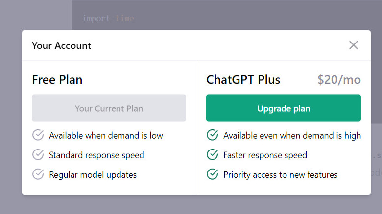 The ChatGPT plus screen