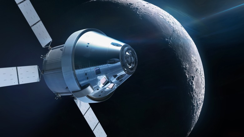 Render of the Artemis capsule with moon in the background.