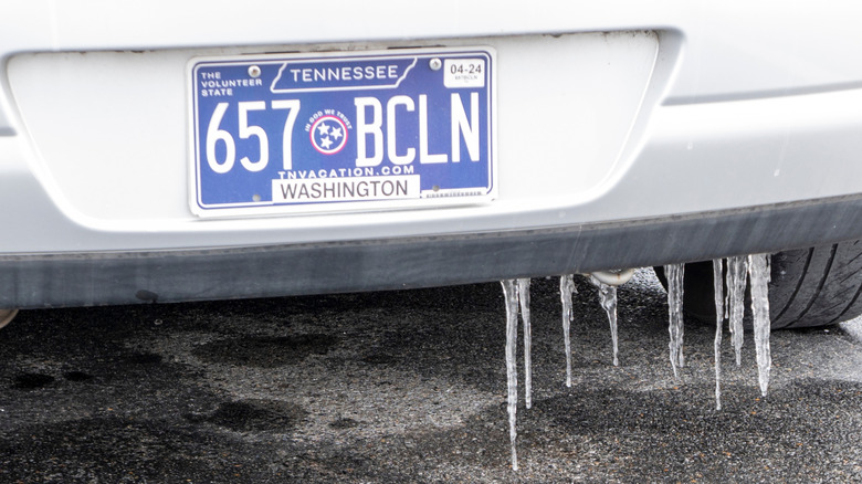 Blue and white Tennessee license plate on a silver car