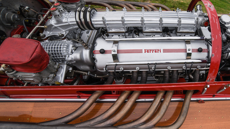 Close shot of V12 engine in Ferrari Arno XI hydroplane