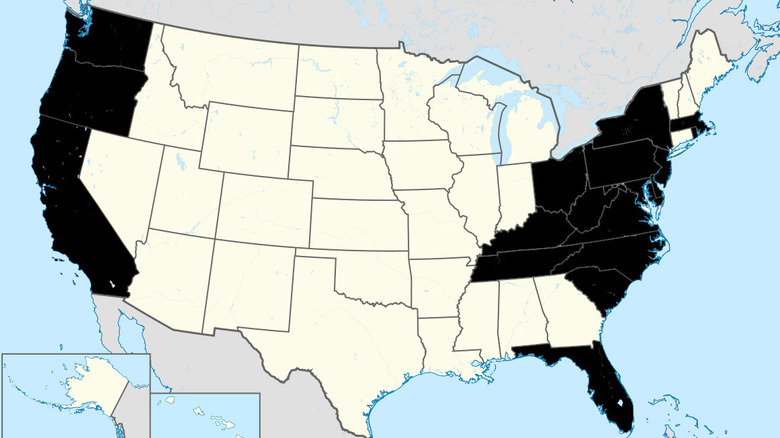 A map showing where the Pagan MC is located along the East coast and West coast