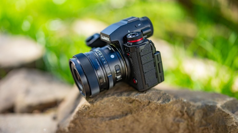 The Panasonic Lumix S1RII on a rock with the Sigma 50mm f2 DG lens attached.