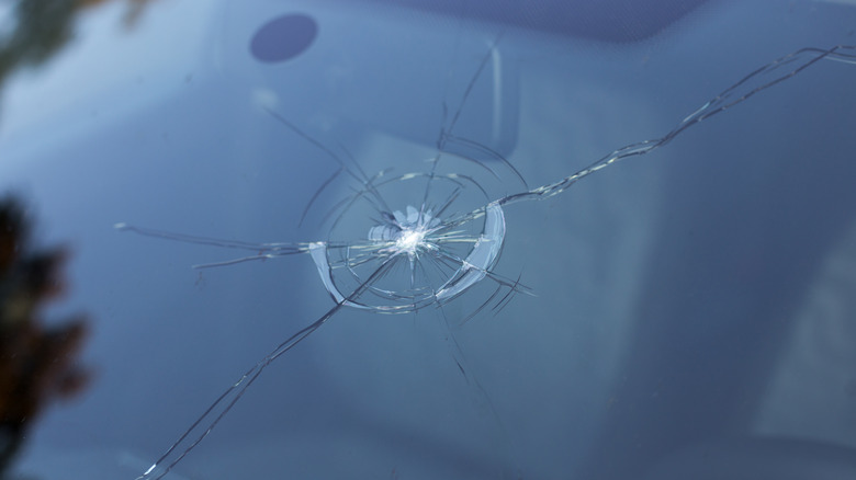 Cracked auto windshield closeup