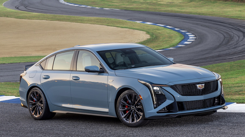 Front 3/4 view of Cadillac CT5 Blackwing parked on a track