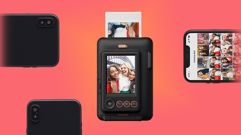 Instax Mini LiPlay displayed with a screen and printing a photo 