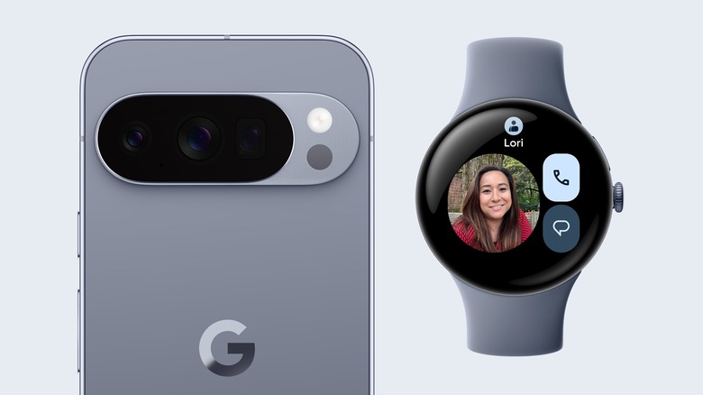 The Pixel Watch 4 next to a Pixel 10 device