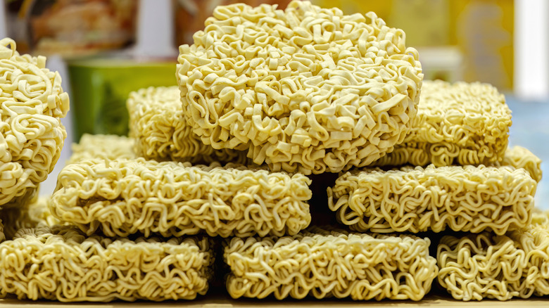 Stacked blocks of uncooked instant ramen