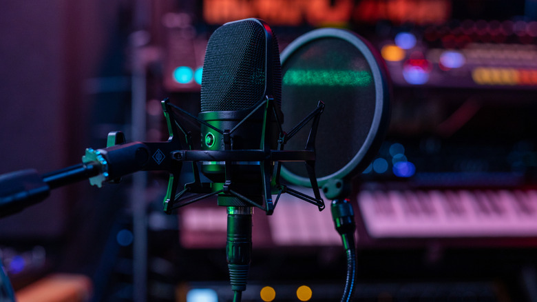 Recording a podcast.