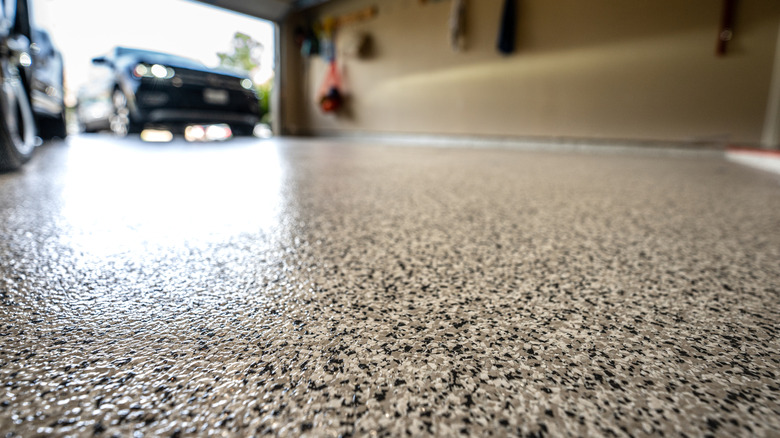 A garage floor with an epoxy surface