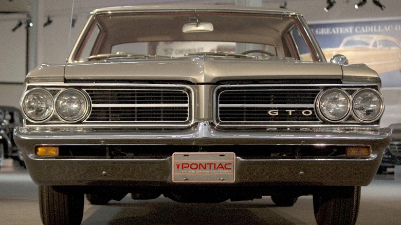 Frontal shot of a Pontiac LeMans GTO on display