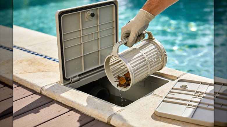 A person with gloves removes a basket filled with leaves from a pool skimmer