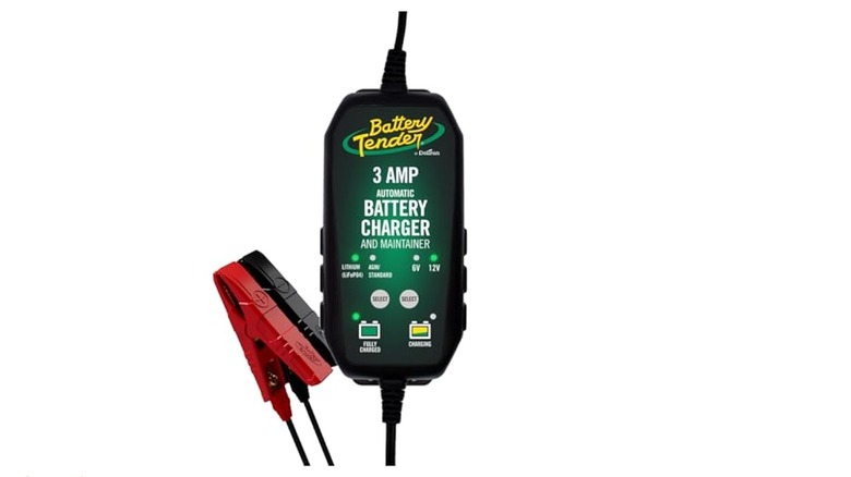 Wide photo of the Battery Tender 3-Amp charger against a white background.