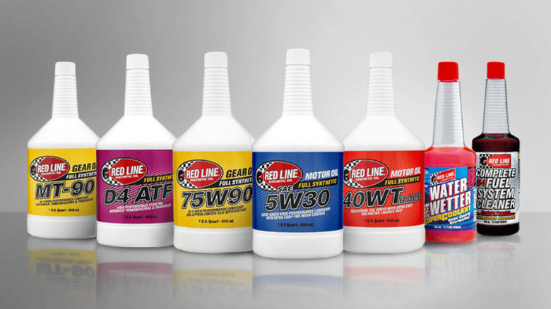 Bottles of motor oils, fluids, and lubricants