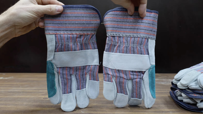 A man holds up a pair of lavender colored gloves