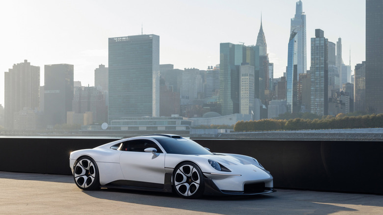 202X Porsche Mission S Concept in front of Manhattan skyline, front-right 3/4 view