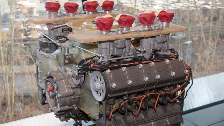 Front 3/4 view of Porsche 771 2.0-liter flat-eight engine on display.