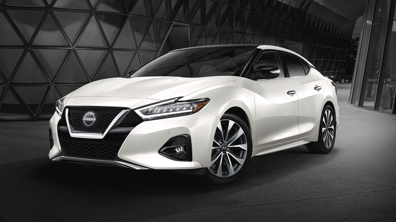 2023 Nissan Maxima in white against a dark background
