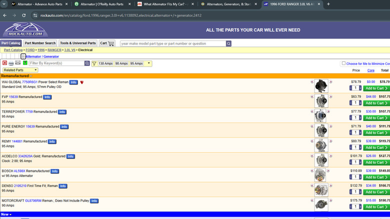 A screenshot of a web browser with several auto parts stores listed in open tabs