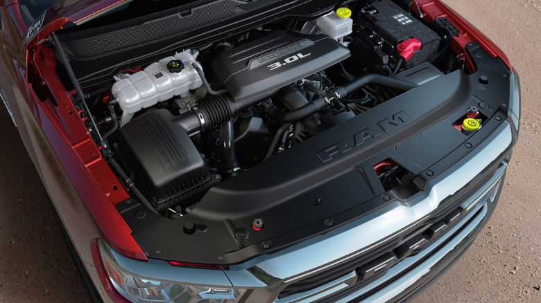 The 3.0L RAM EcoDiesel engine inside the hood of a 2020 RAM 1500
