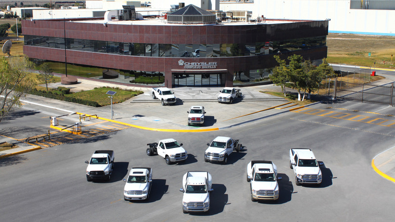 Stellantis Saltillo, Mexico plant with examples of heavy-duty trucks parked in front