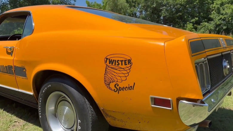 Close-up of 1970 Twister Special Mustang showing "Twister Special" decal on left-rear quarter panel
