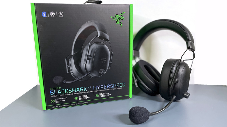 BlackShark V2 HyperSpeed headphones next to the packaging